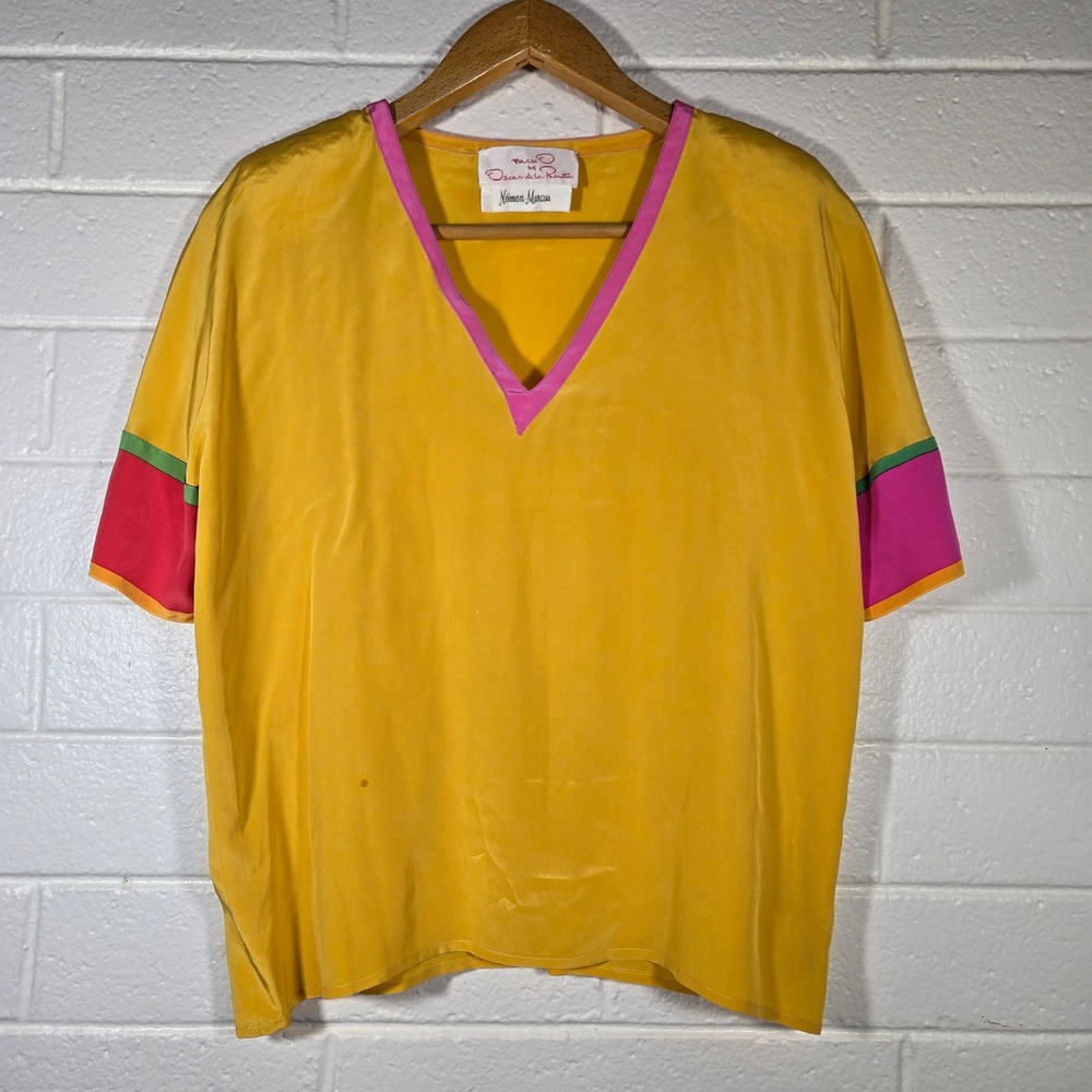 Vtg Oscar de la Renta Silk Blouse 8 Yellow Colorblock Preppy Office Colorful Art